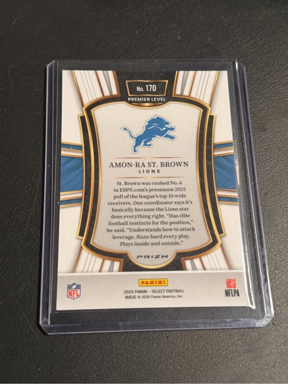 Panini 2025 Select Football Amon-Ra St. Brown #170 Premier Level Zebra Prizm SSP